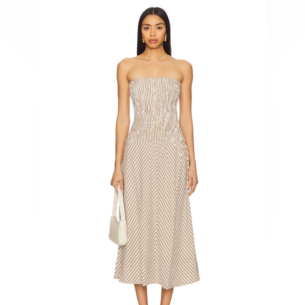 MINKPINK Shirred Midi Dress in Tan Stripe
